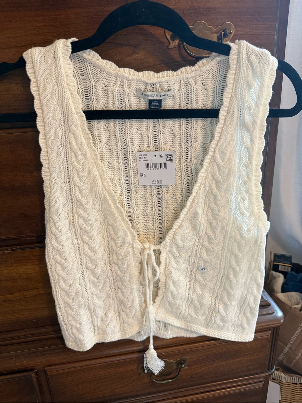 American Eagle Outfitters Cream Cable Knit Tie-Front Vest